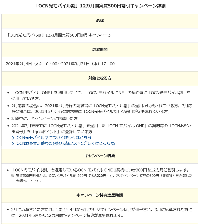 Ocn光モバイル割 12か月間実質500円割引キャンペーン エントリー21年3月31日まで Ken